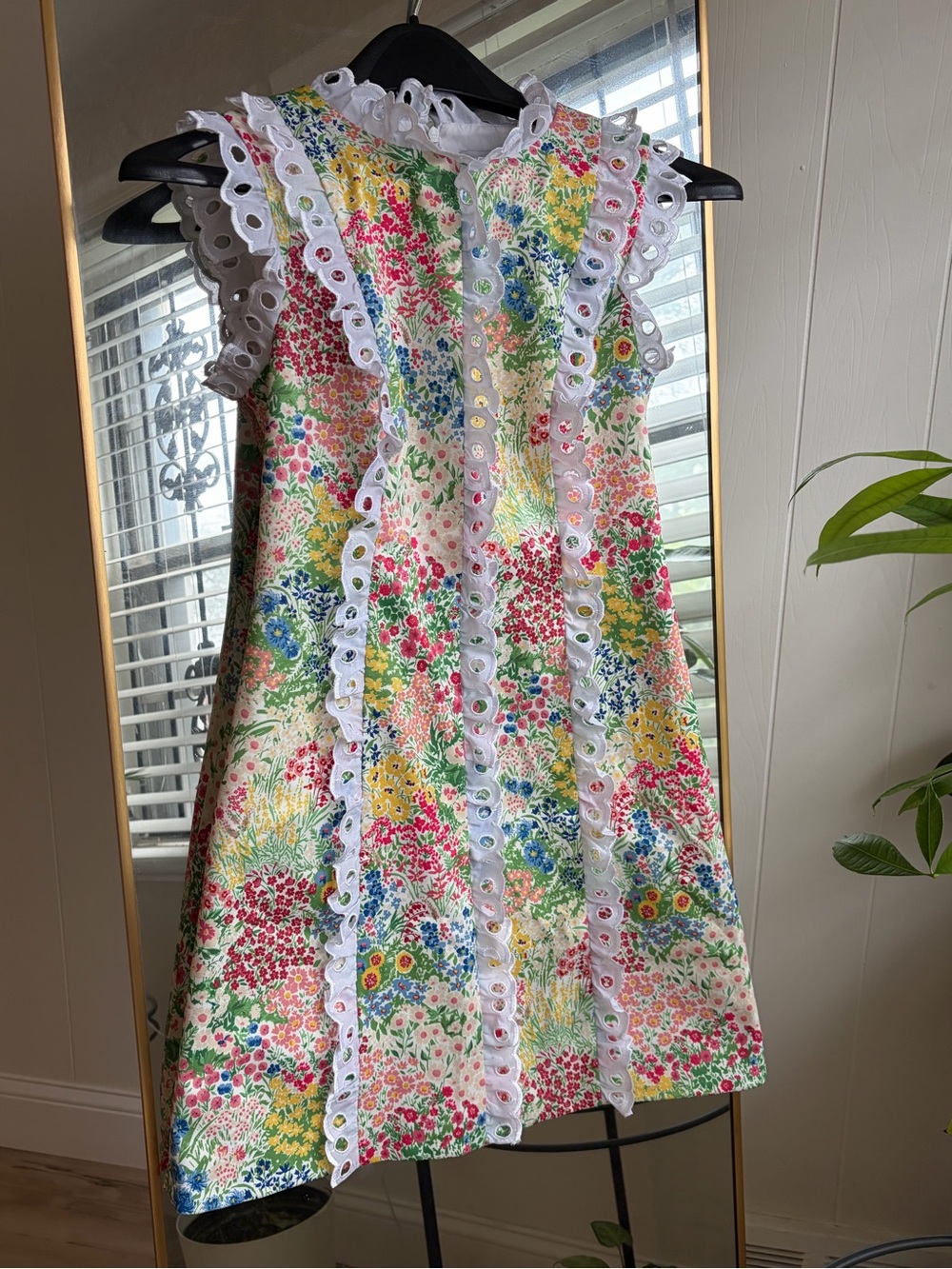 Custom Floral Eyelet Trim A-Line Dress - Multicolor